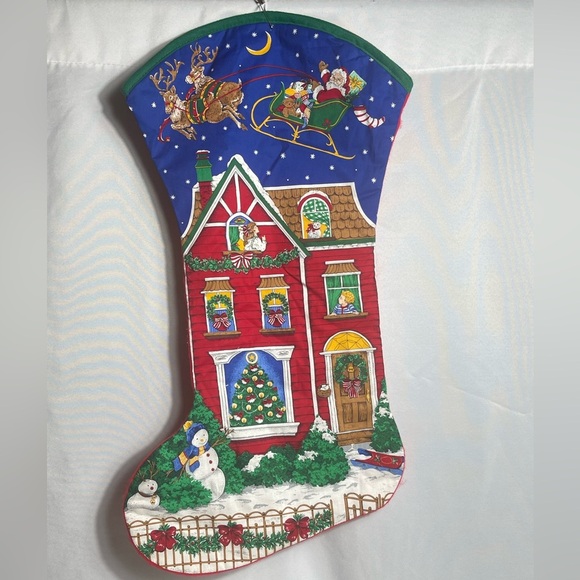 Large Quilted Christmas Stocking Santa Flying Over House Scene 27”x14” - Picture 7 of 9